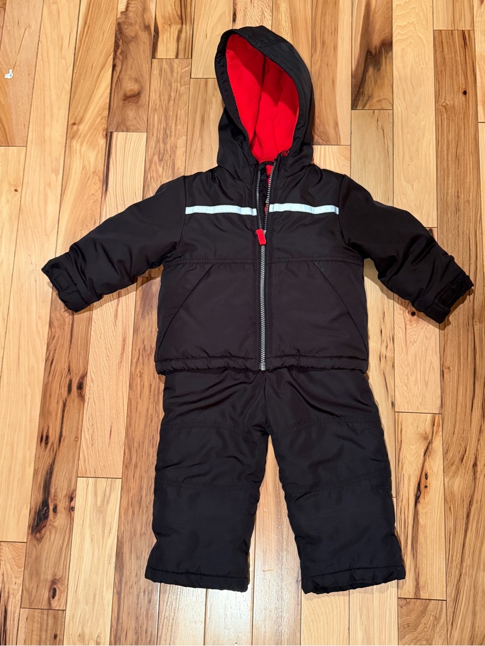 Black Kids Winter Snowbibs and Coat with Red Lined Hood